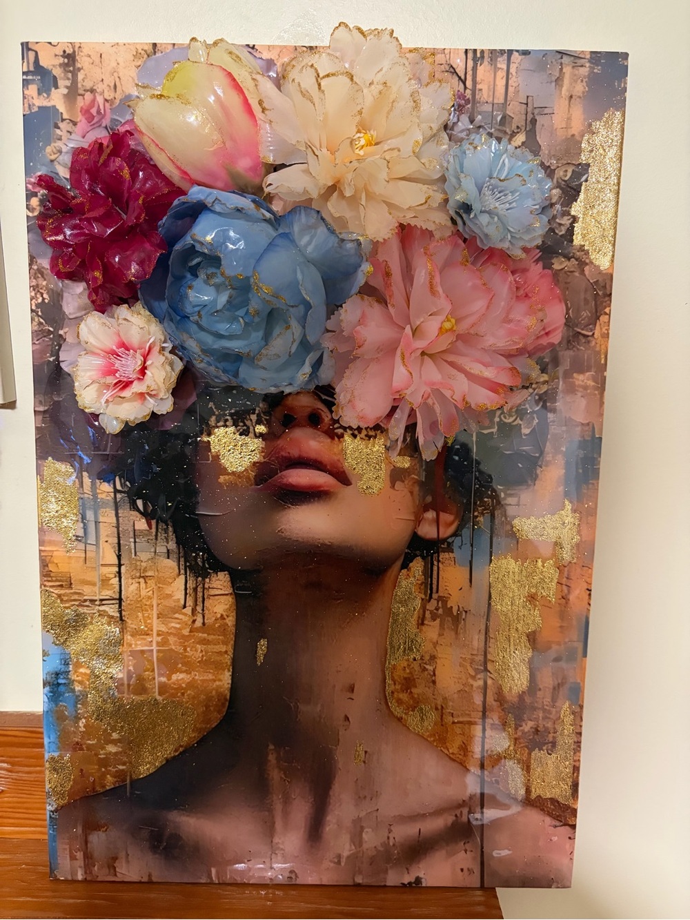 Mixed Media Floral Portrait Canvas Art - Blue Pink Cream Accents 12”x17”.